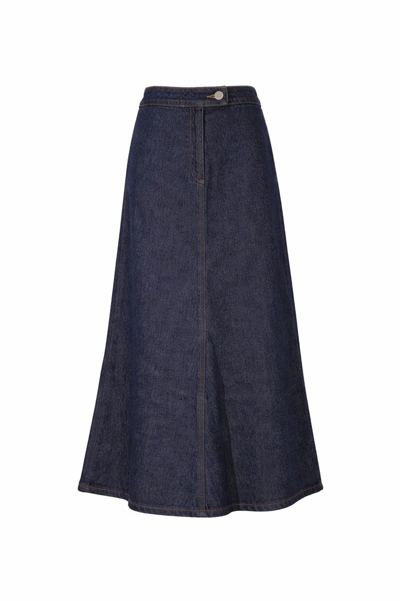 Zweiteiliges Jeans-Set aus asymmetrischem Gilet und Rock