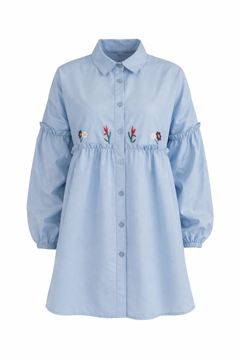 Plissee-Bluse mit Blumenstickerei - Blau