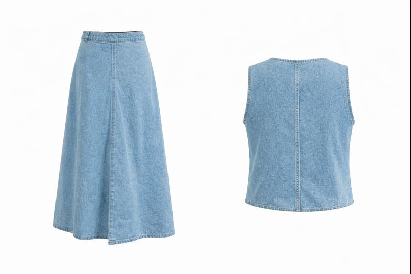 Zweiteiliges Jeans-Set aus Gilet und Rock
