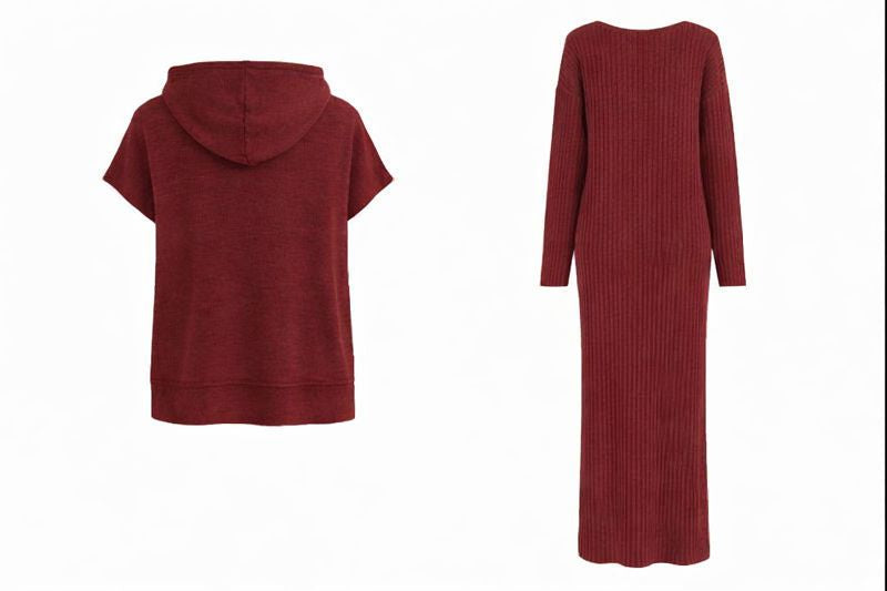 Zweiteiliges Strickset aus Kleid und Kapuzenpullover - Rot