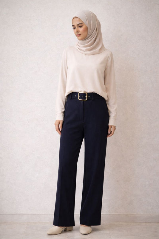 High-Waist Falthose mit Gürtel - Marineblau