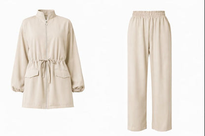 Zweiteiliges Set mit Ballonärmel und Taillengürtel - Beige