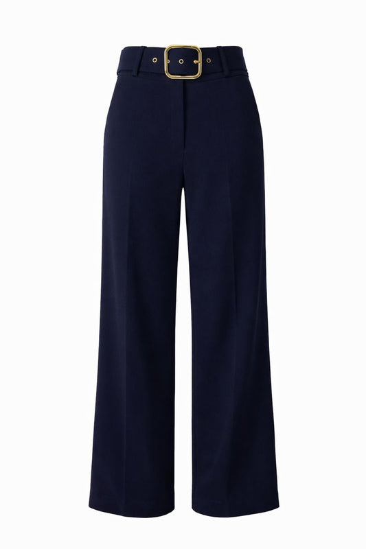 High-Waist Falthose mit Gürtel - Marineblau