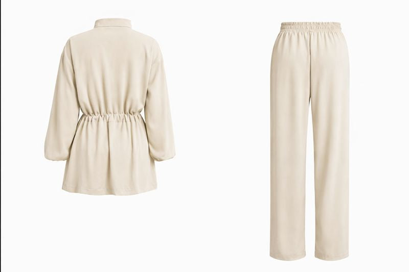 Zweiteiliges Set mit Ballonärmel und Taillengürtel - Beige