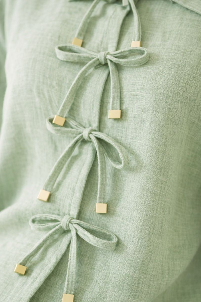 Bluse mit Tie-Front und Ärmelschleife - Hellgrün