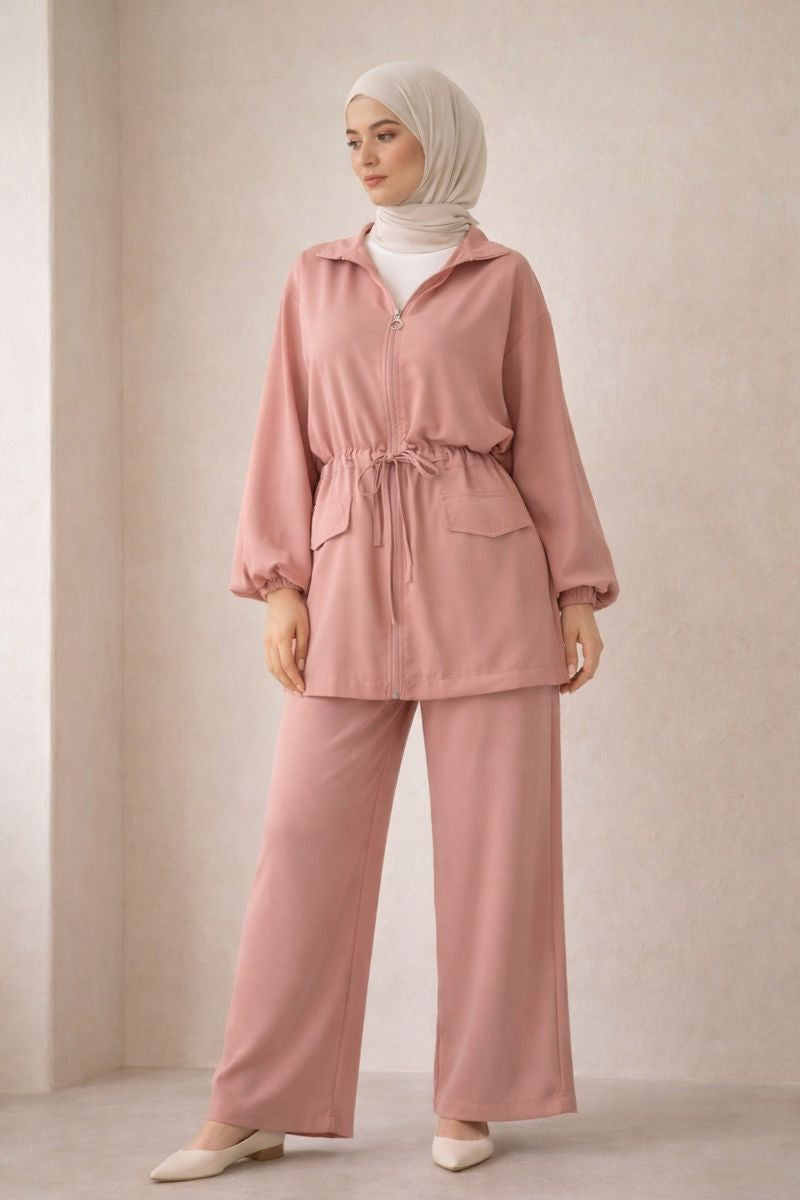 Zweiteiliges Set mit Ballonärmel und Taillengürtel - Rosa