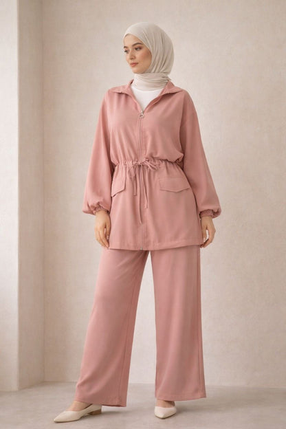 Zweiteiliges Set mit Ballonärmel und Taillengürtel - Rosa