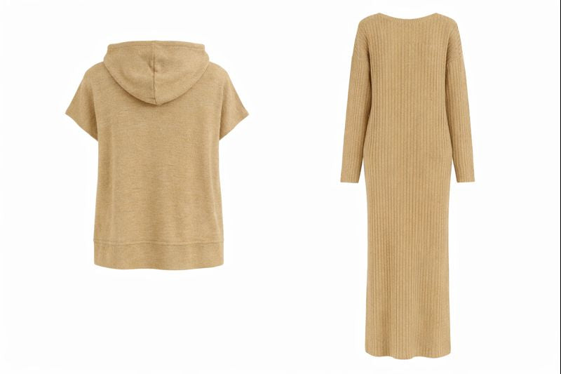 Zweiteiliges Strickset aus Kleid und Kapuzenpullover - Beige