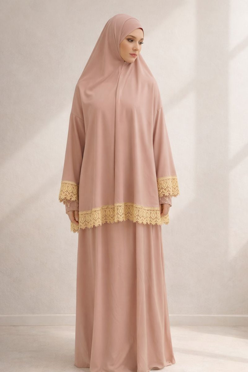 Zweiteilige Gebetskleidung mit Spitze - Rosa