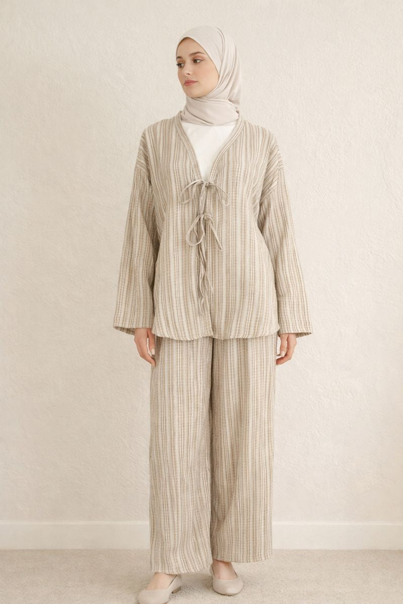 Zweiteiliges Kimonoset mit Tie-Front-Top - Grau