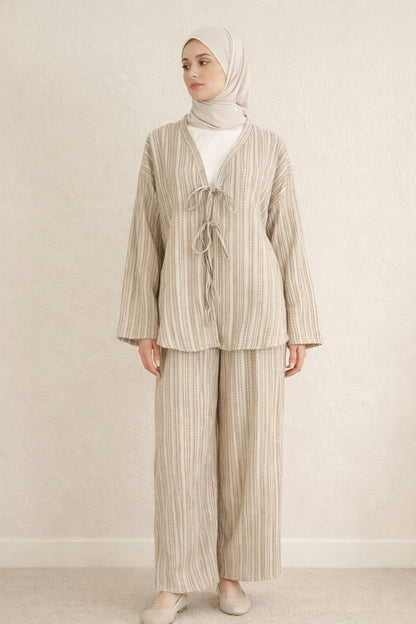 Zweiteiliges Kimonoset mit Tie-Front-Top - Grau