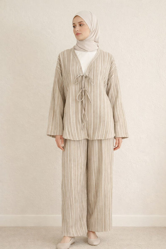 Zweiteiliges Kimonoset mit Tie-Front-Top - Grau