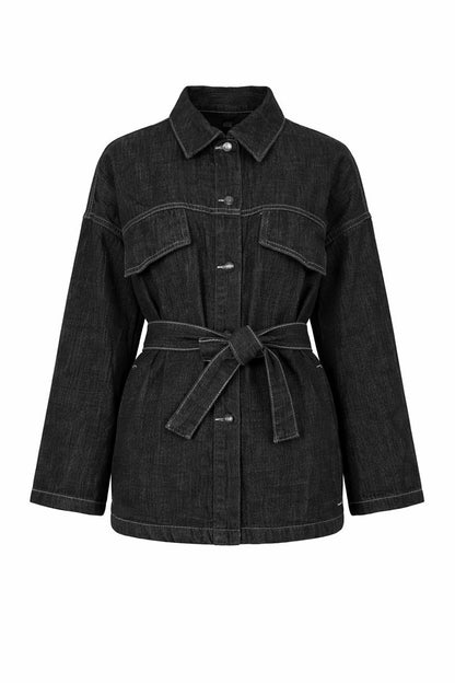 Zweiteiliger Jeans-Anzug mit Ziernähte und Gürtel