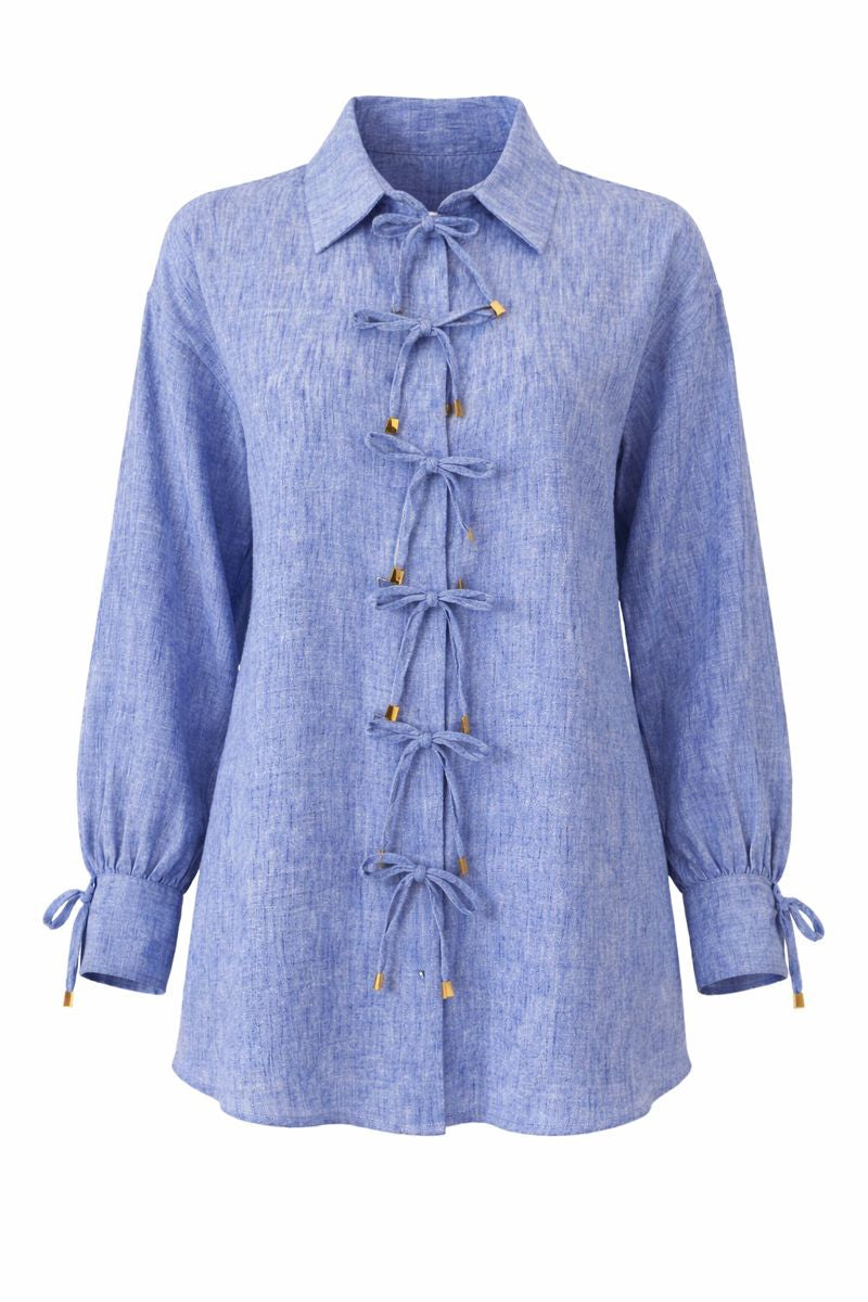 Bluse mit Tie-Front und Ärmelschleife - Blau