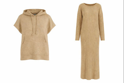 Zweiteiliges Strickset aus Kleid und Kapuzenpullover - Beige