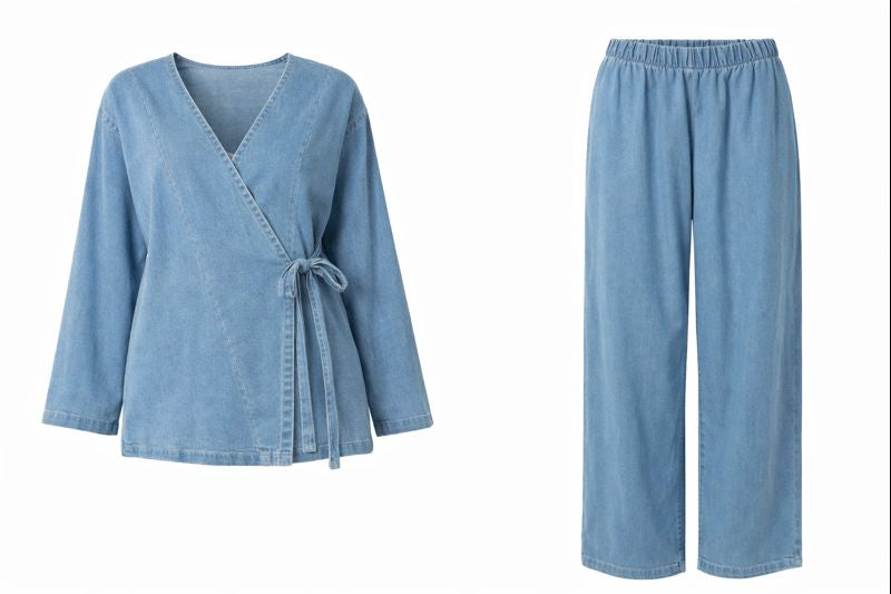 Zweiteiliger Jeans-Anzug mit seitlichem Tie-Front - Hellblau