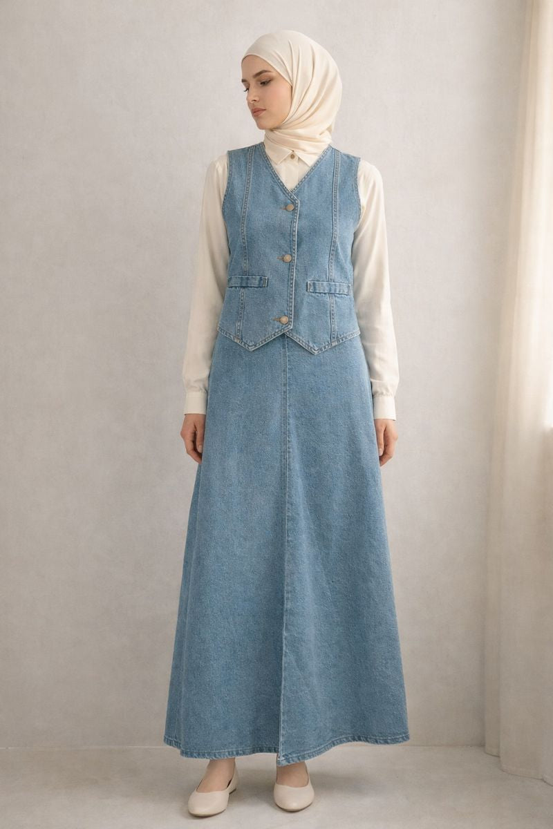 Zweiteiliges Jeans-Set aus Gilet und Rock