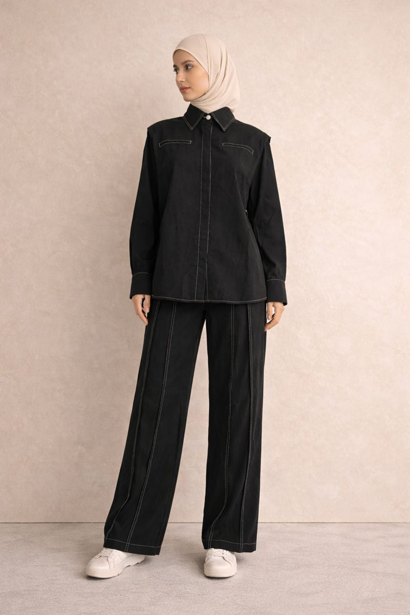 Zweiteilges Set mit verdeckter Knopfleiste und Ziernähte - Schwarz