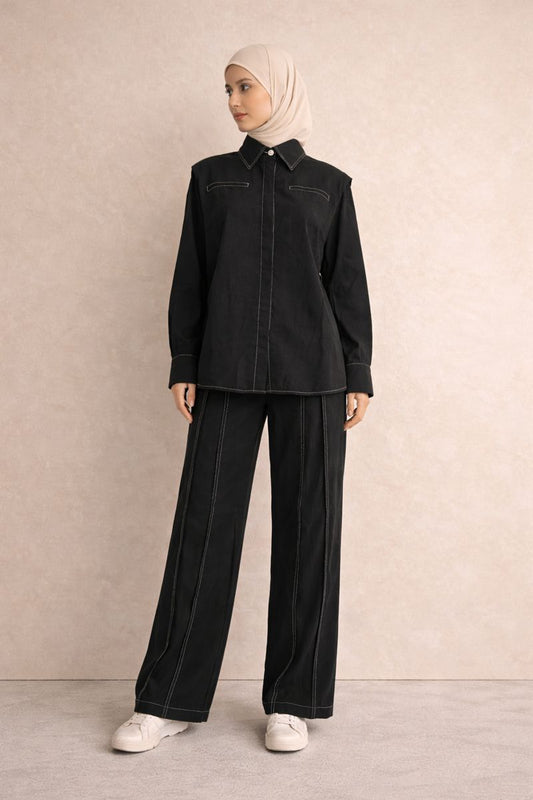 Zweiteilges Set mit verdeckter Knopfleiste und Ziernähte - Schwarz