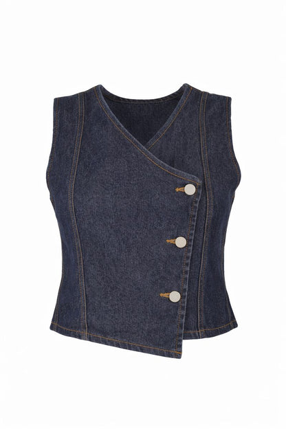 Zweiteiliges Jeans-Set aus asymmetrischem Gilet und Rock