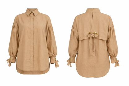 Elegante Bluse mit Ballonärmel und Ösendetail - Beige