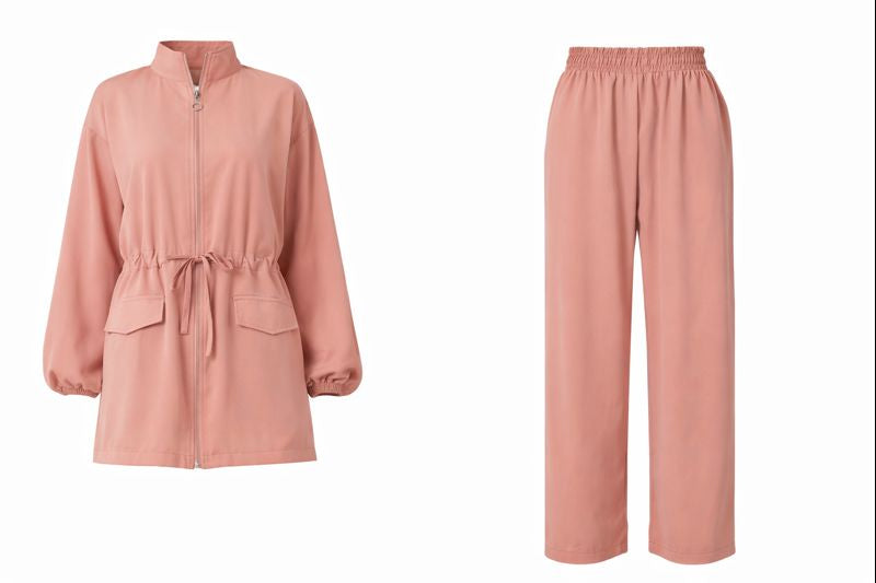 Zweiteiliges Set mit Ballonärmel und Taillengürtel - Rosa