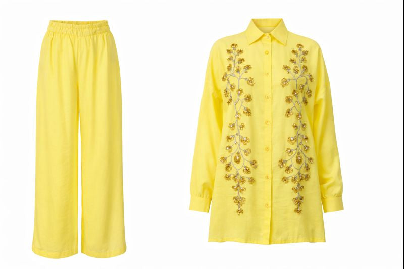 Zweiteiliges Set mit Perlenstickerei - Gelb