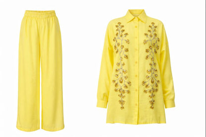 Zweiteiliges Set mit Perlenstickerei - Gelb