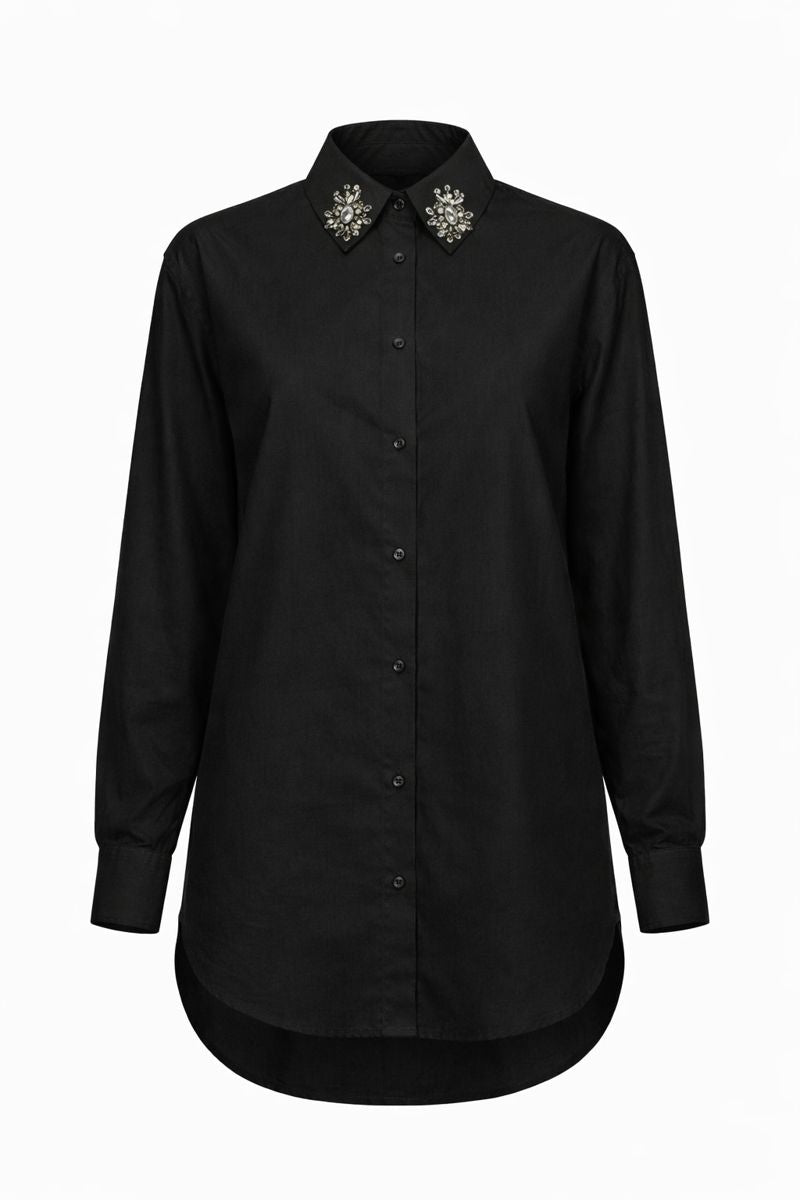 Bluse mit Steindetail am Kragen - Schwarz