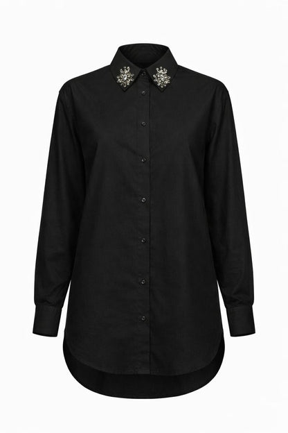 Bluse mit Steindetail am Kragen - Schwarz