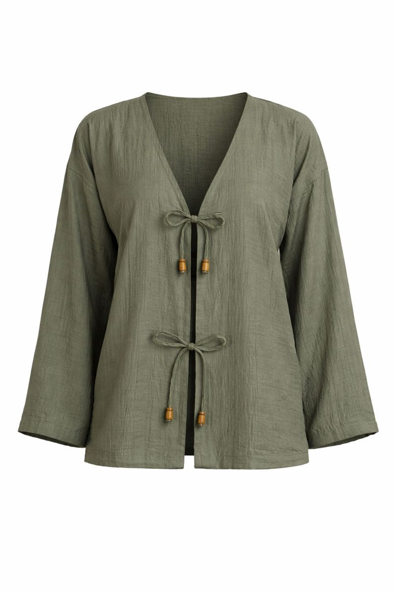 Zweiteiliges Set mit Tie-Front-Top und Zierperlen - Khaki