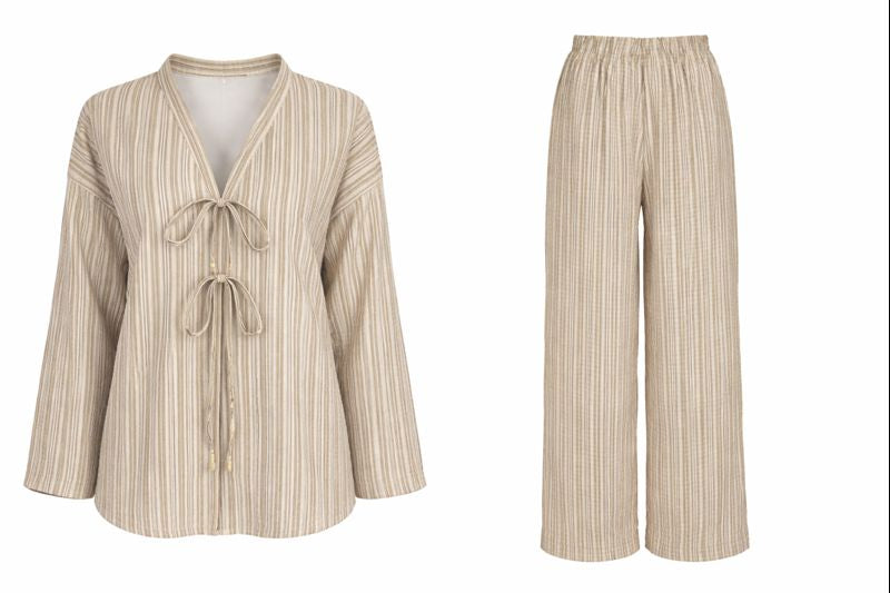 Zweiteiliges Kimonoset mit Tie-Front-Top - Grau