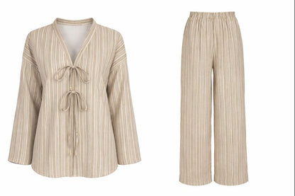 Zweiteiliges Kimonoset mit Tie-Front-Top - Grau