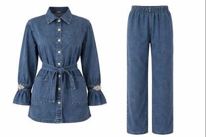 Jeans-Anzug mit Funkelstein-Manschette