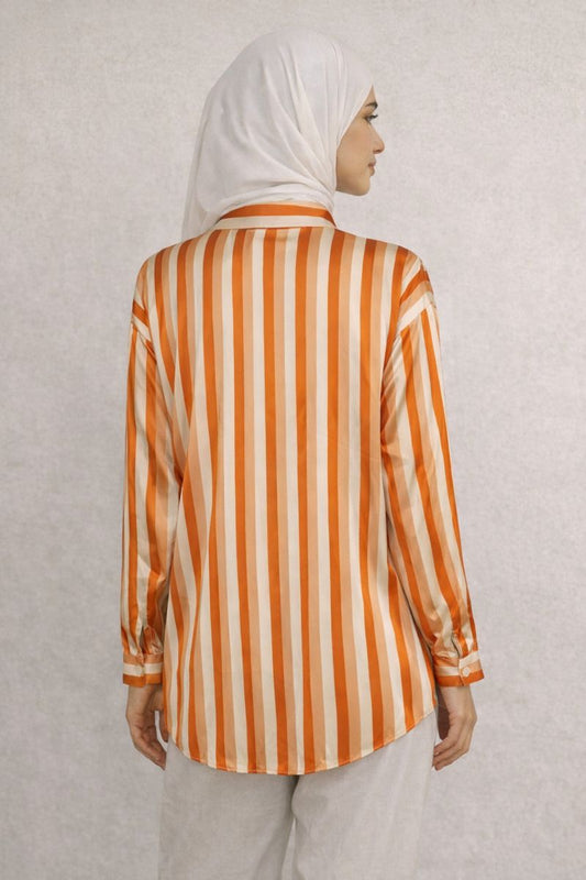 Satinbluse mit Streifenmuster - Orange