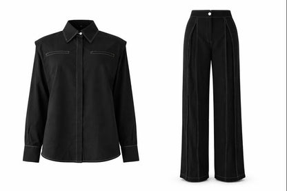 Zweiteilges Set mit verdeckter Knopfleiste und Ziernähte - Schwarz