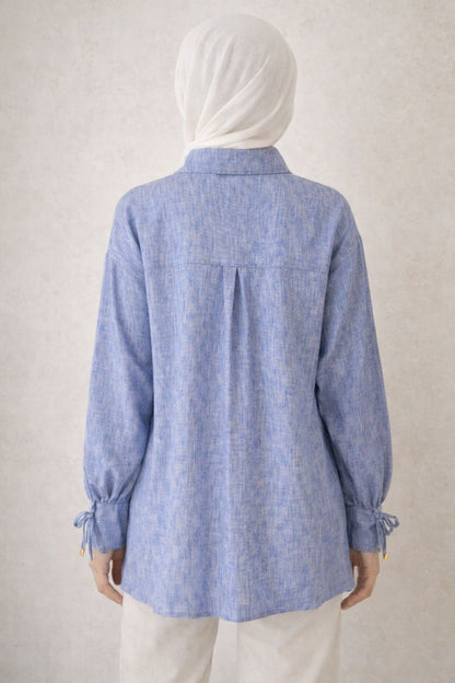 Bluse mit Tie-Front und Ärmelschleife - Blau