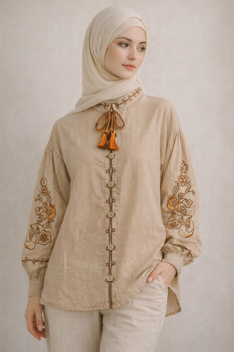 Bluse mit Ballonärmel und Fadenstickerei