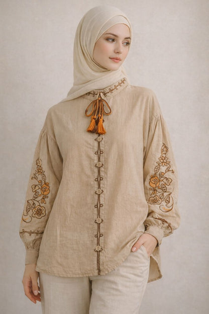 Bluse mit Ballonärmel und Fadenstickerei