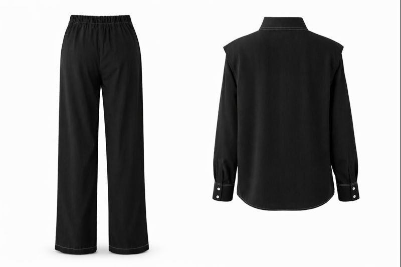 Zweiteilges Set mit verdeckter Knopfleiste und Ziernähte - Schwarz