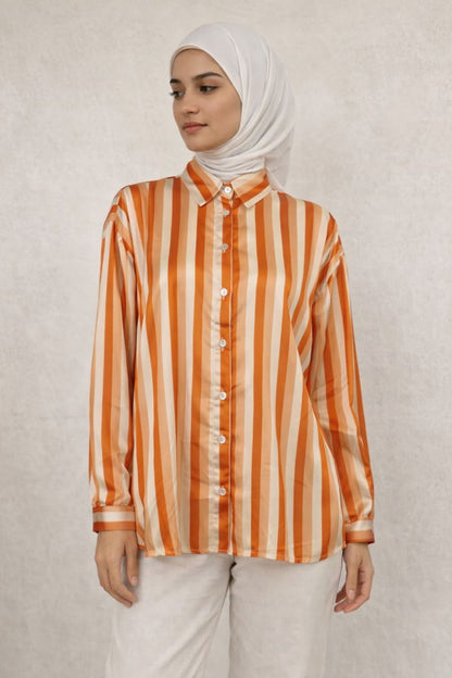Satinbluse mit Streifenmuster - Orange
