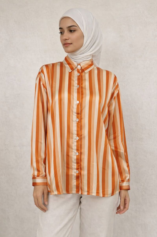 Satinbluse mit Streifenmuster - Orange