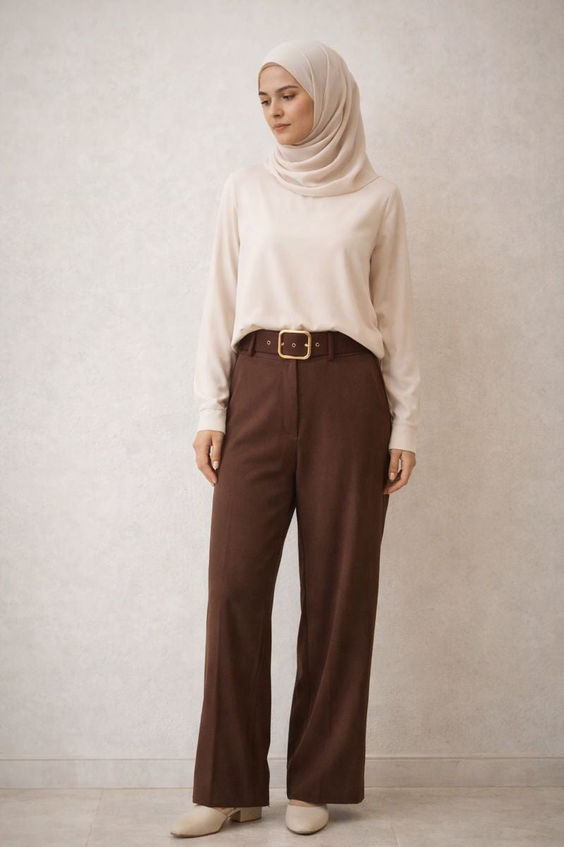 High-Waist Falthose mit Gürtel - Rostbraun