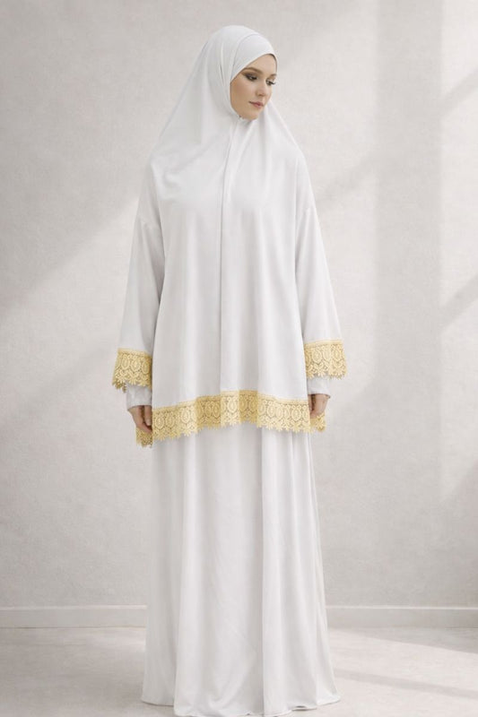 Zweiteilige Gebetskleidung mit Spitze - Cremeweiß