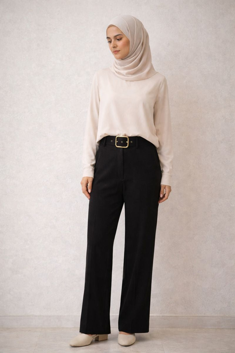 High-Waist Falthose mit Gürtel - Schwarz