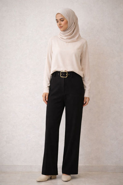 High-Waist Falthose mit Gürtel - Schwarz