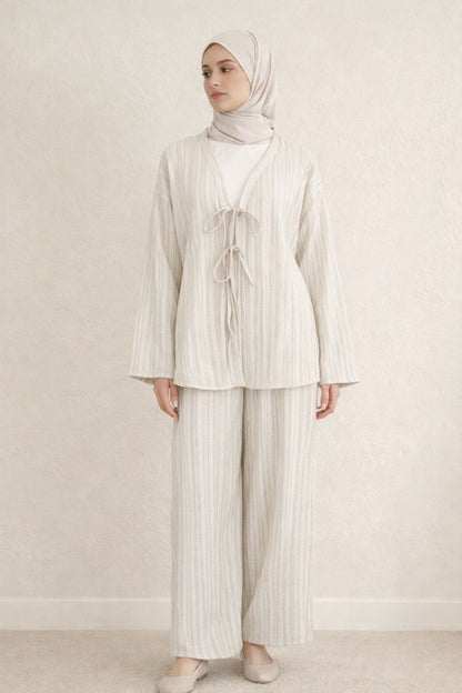 Zweiteiliges Kimonoset mit Tie-Front-Top - Beige