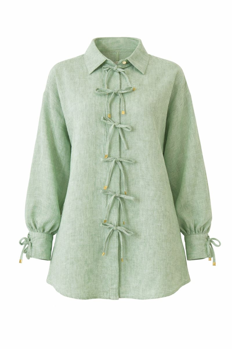 Bluse mit Tie-Front und Ärmelschleife - Hellgrün