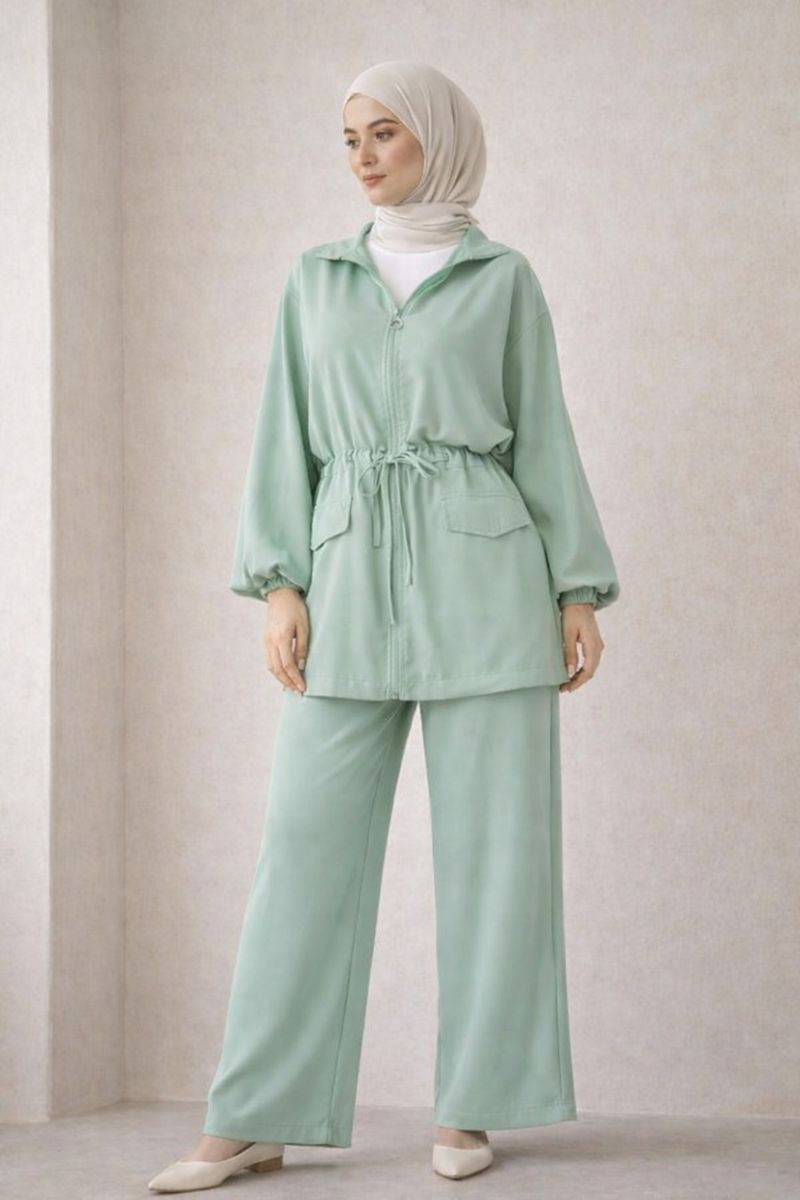 Zweiteiliges Set mit Ballonärmel und Taillengürtel - Grün