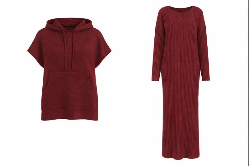 Zweiteiliges Strickset aus Kleid und Kapuzenpullover - Rot